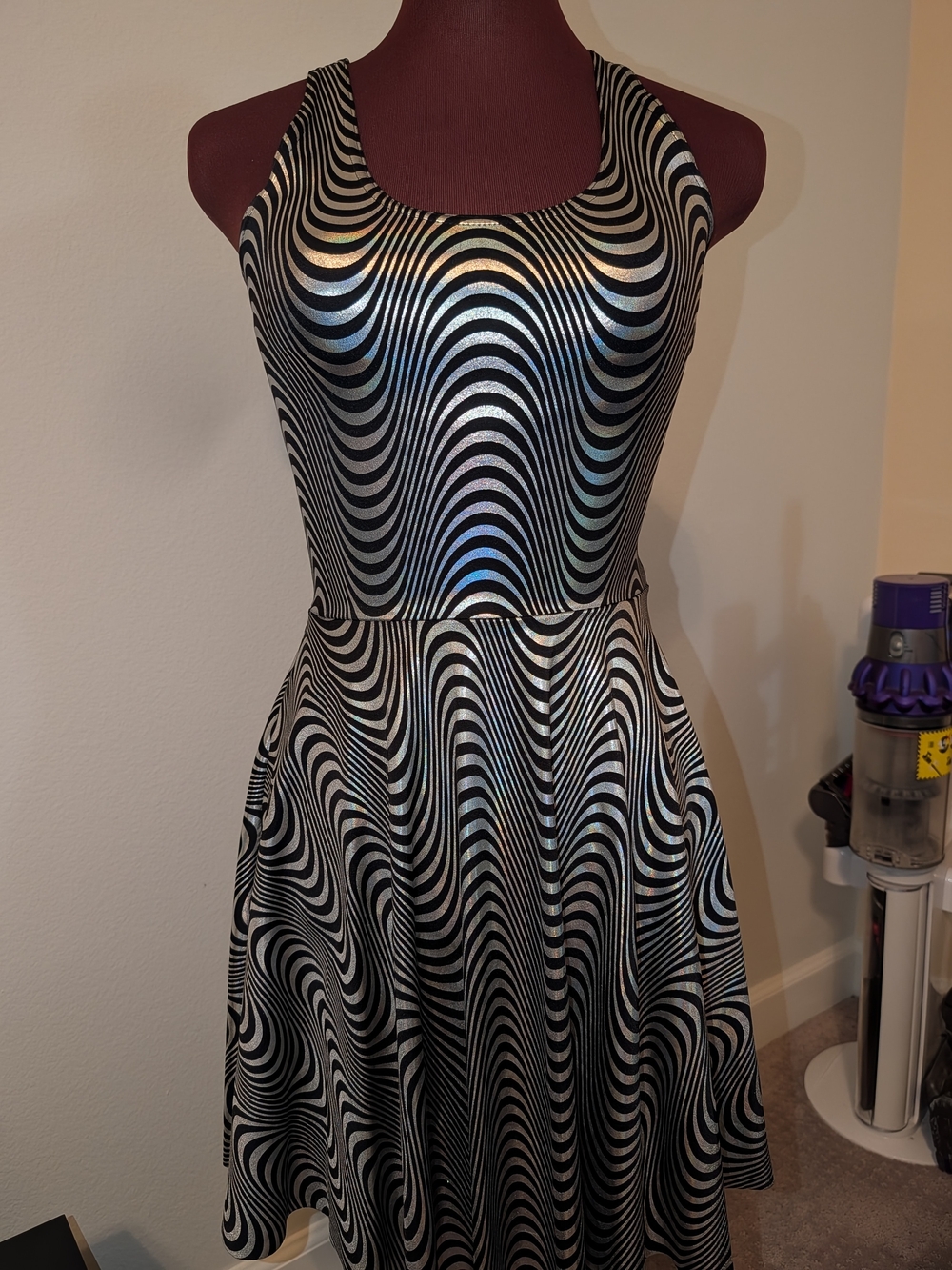 Blackmilk Black and Silver Optical Swirl Mini Dress